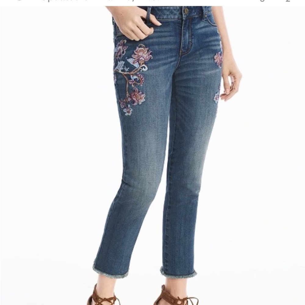 WHBM Floral Embroidered Destructed Crop Jeans